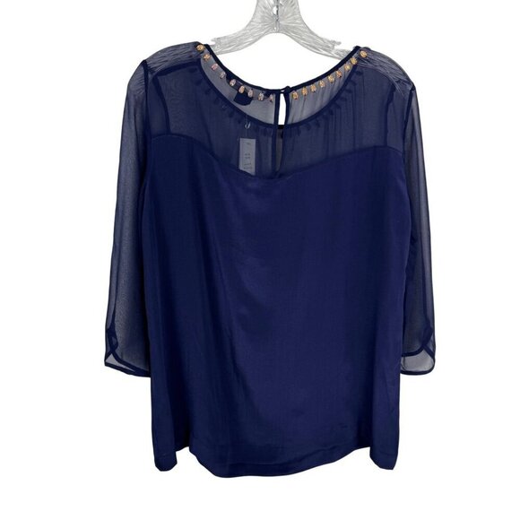 French Connection NEW 100% Silk Navy Blue Embellished Beaded Blouse Top Size 10 - Picture 5 of 10